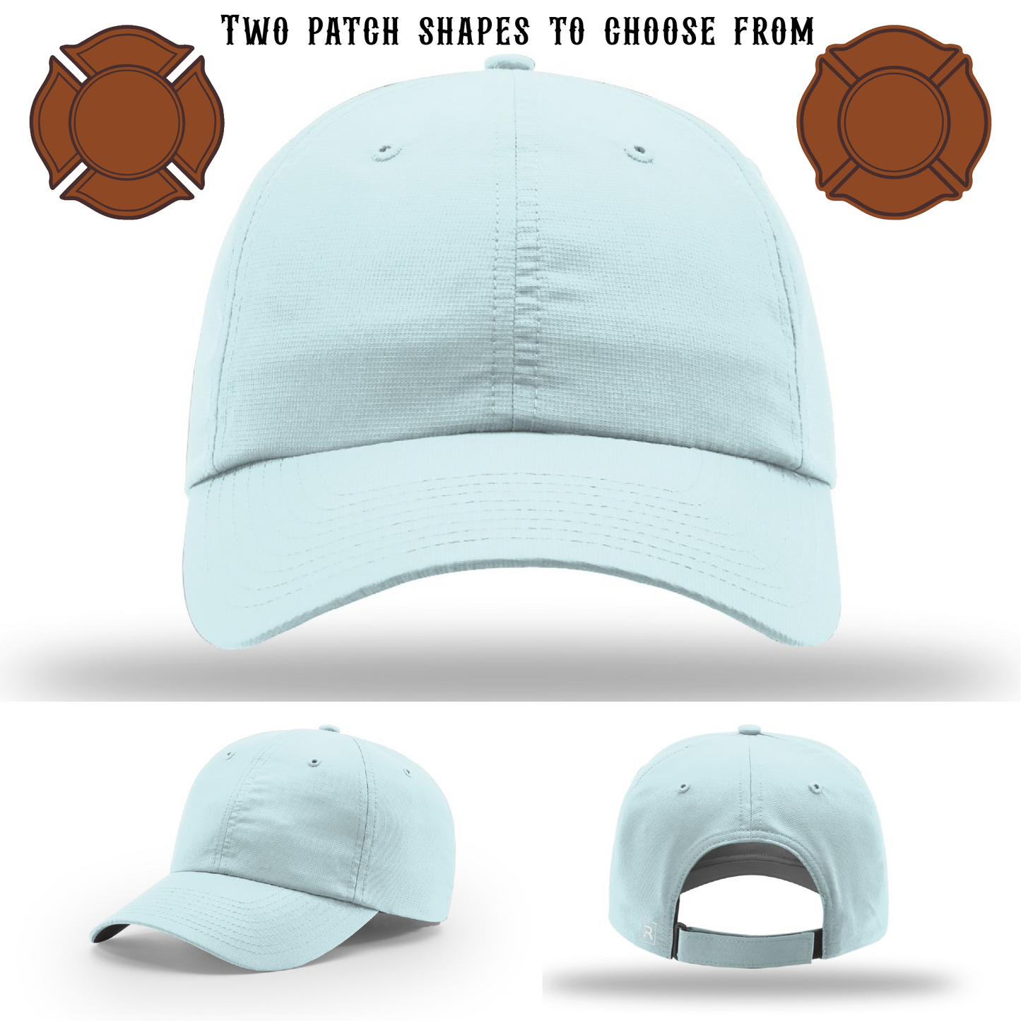 Custom firefighter hat displayed with two patch customization options