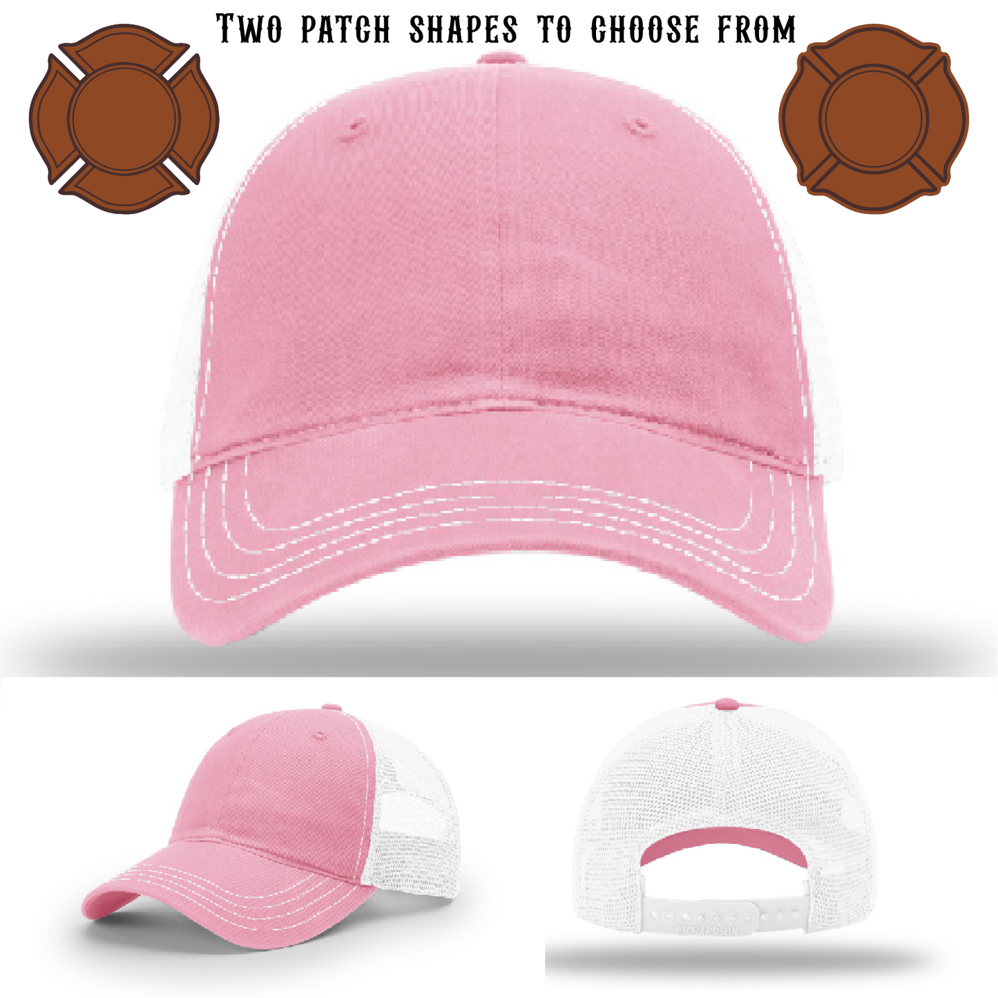Firefighter hat blank setup showing two patch styles