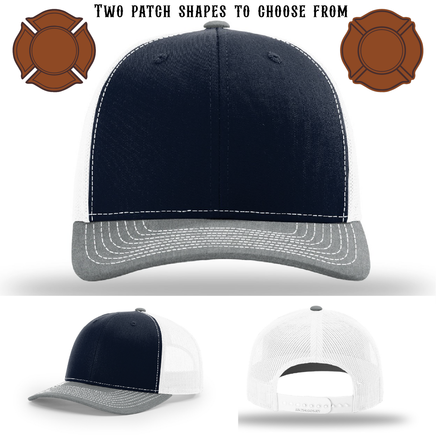 Blank firefighter hat with two leather patch customization shapes