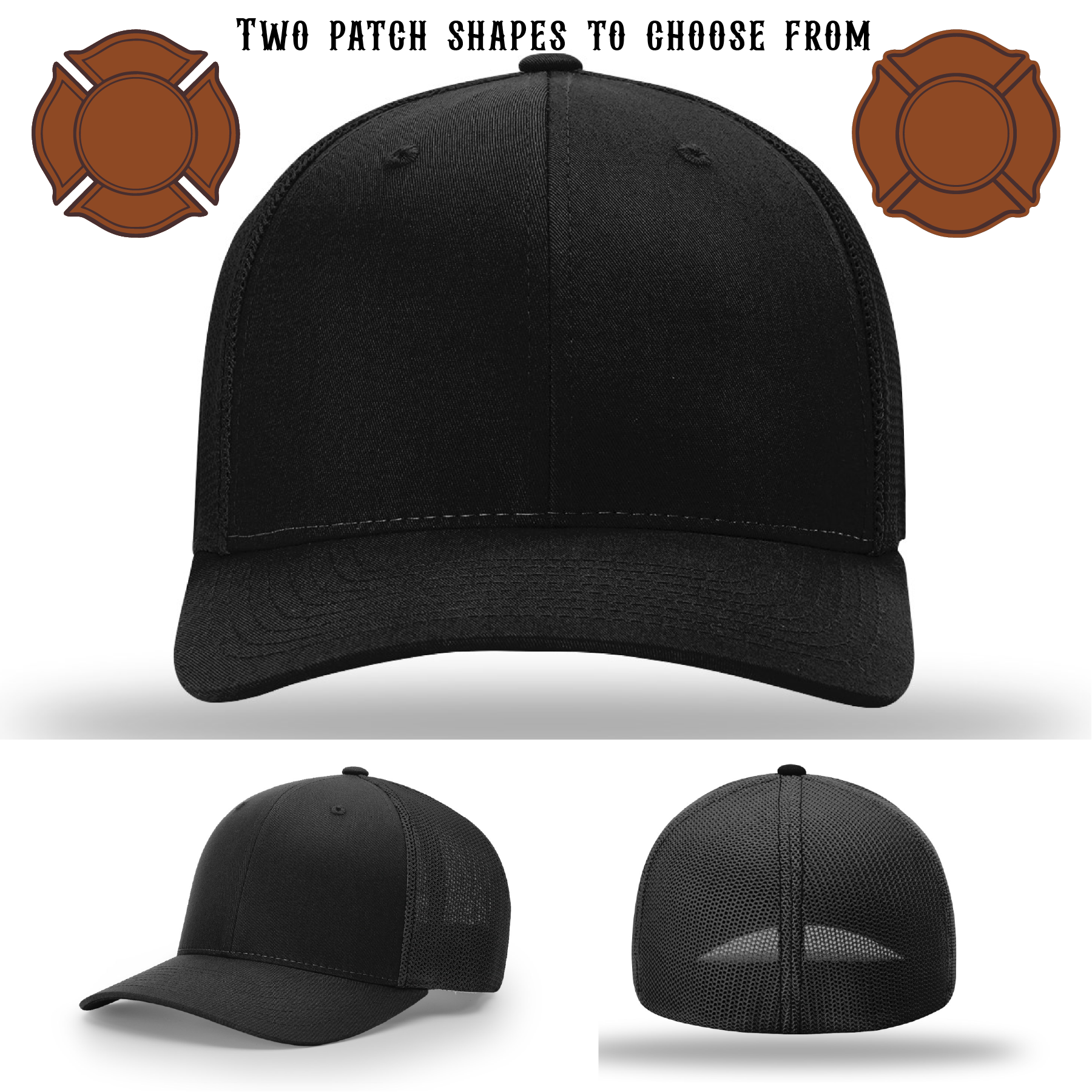 Custom firefighter hat showing two leather patch shapes