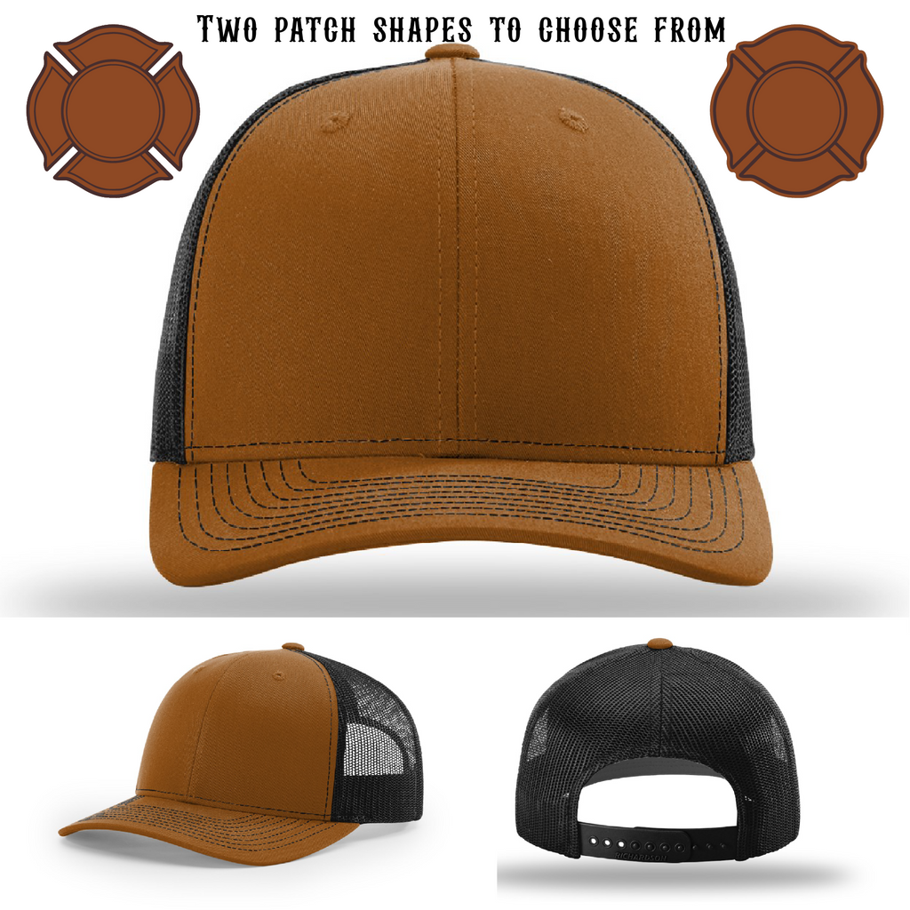 Custom firefighter hat with two leather patch examples