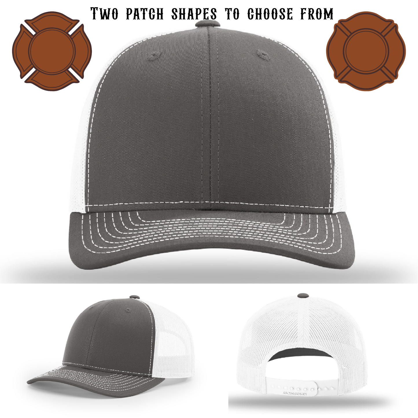 Firefighter hat blank with two patch options displayed