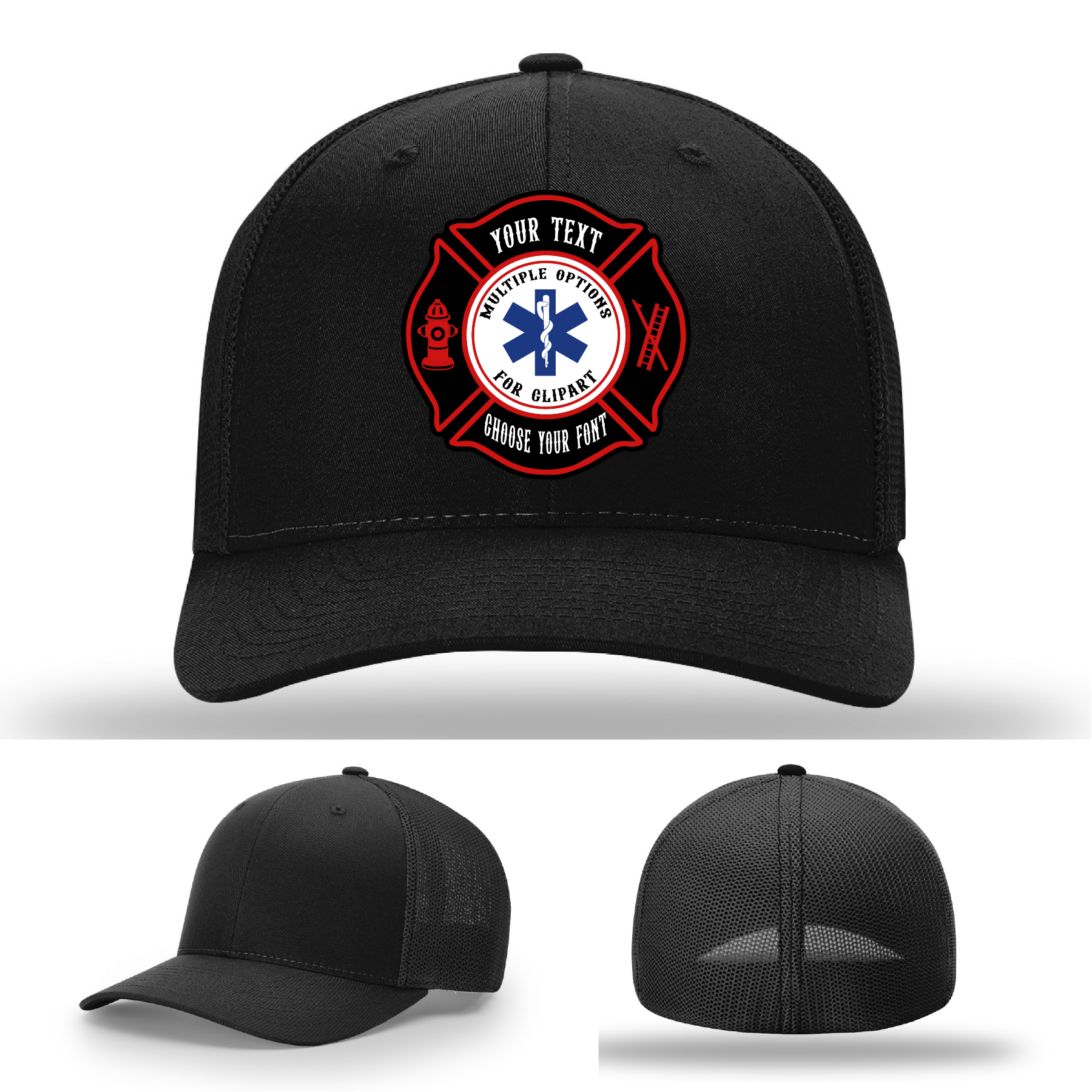 Firefighter hat with single Maltese Cross patch example
