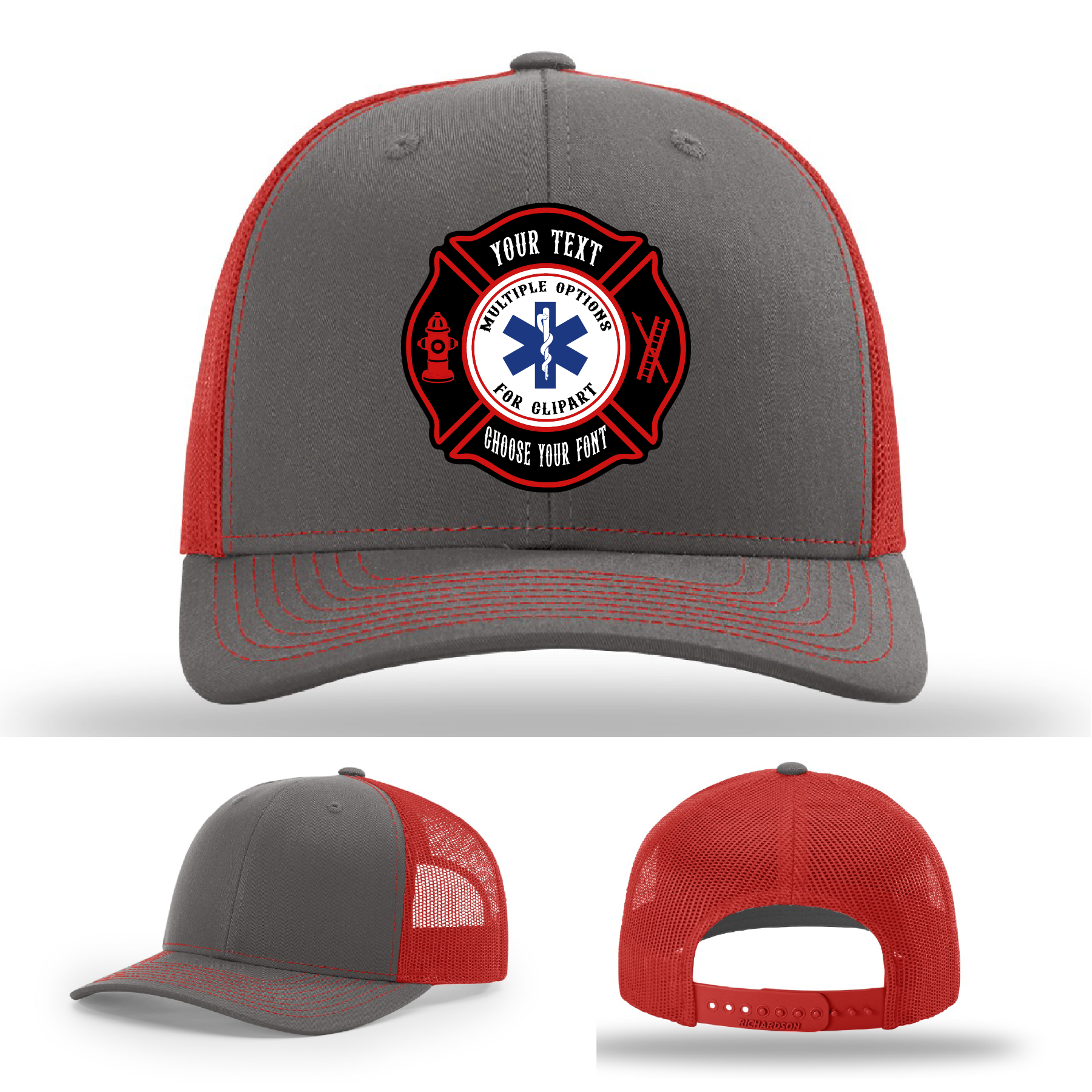Custom firefighter hat featuring one Maltese Cross patch