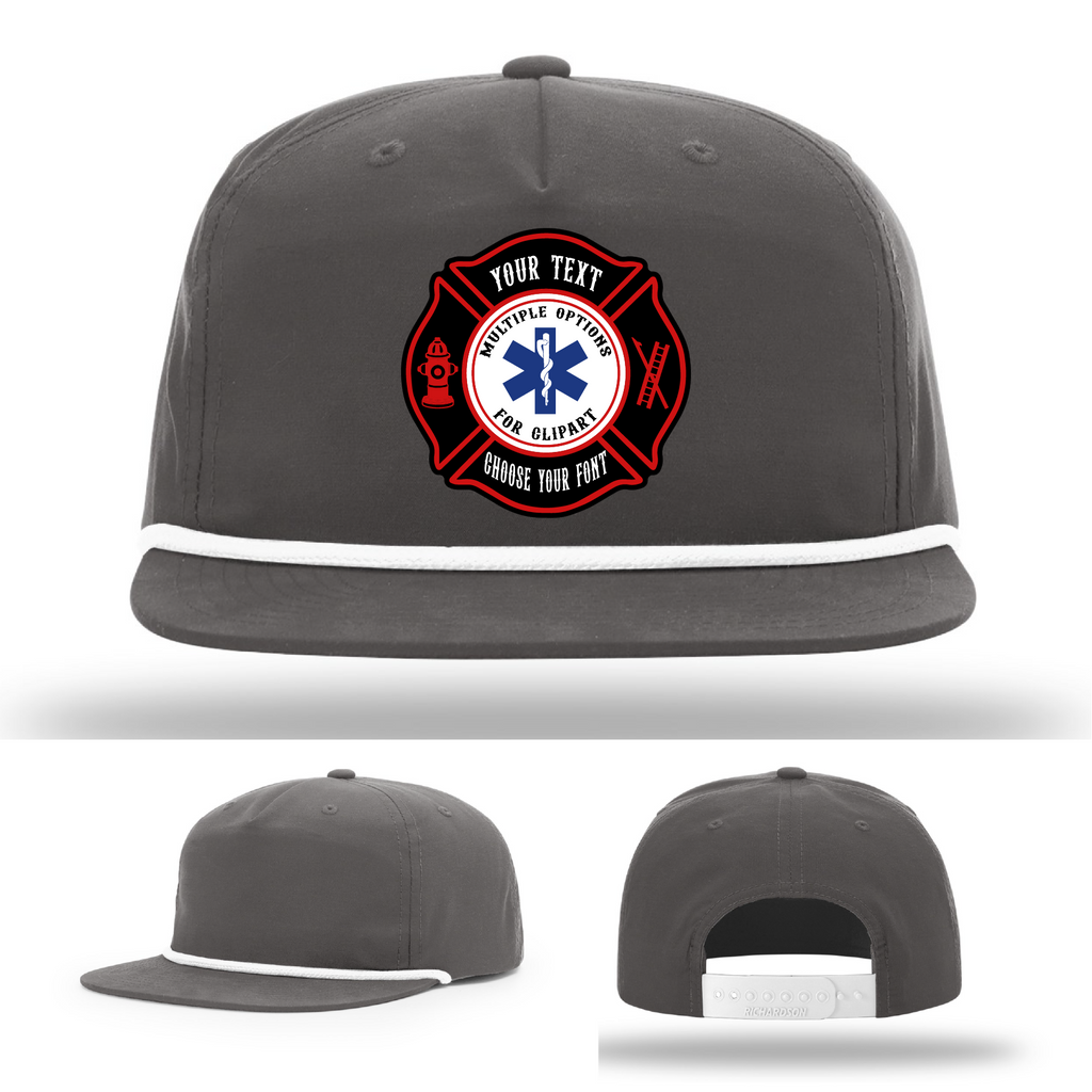 Firefighter hat example with Maltese Cross patch