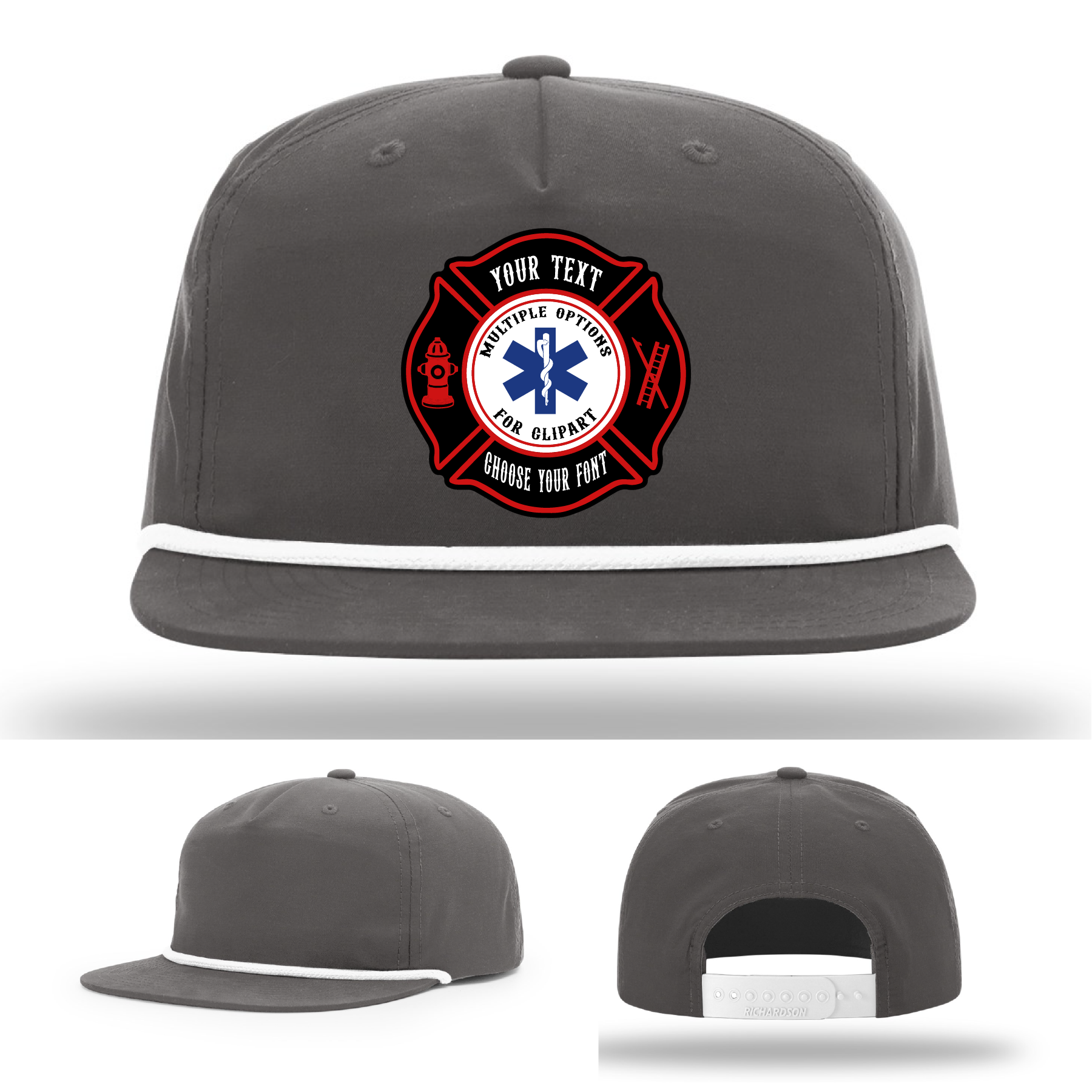 Firefighter hat example with Maltese Cross patch