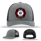 Firefighter hat displayed with one example Maltese Cross patch