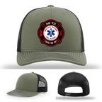 Custom firefighter hat with Maltese Cross patch display