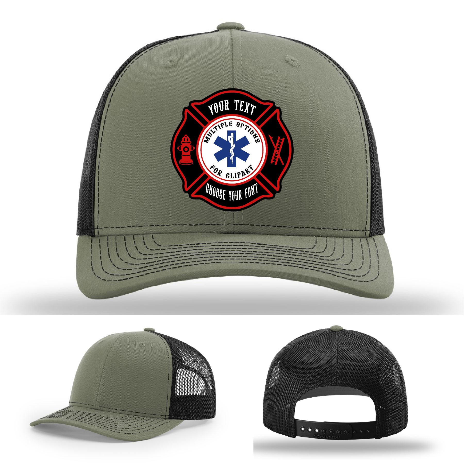 Custom firefighter hat with Maltese Cross patch display