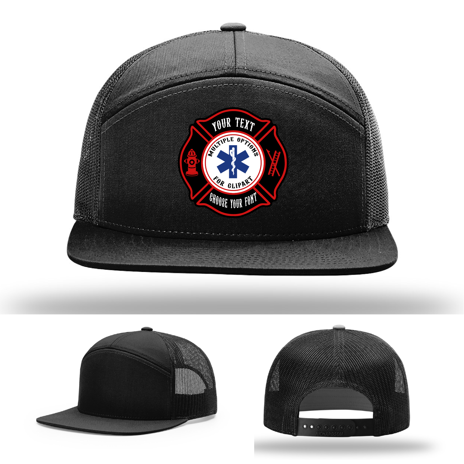 Custom firefighter hat showing Maltese Cross patch sample