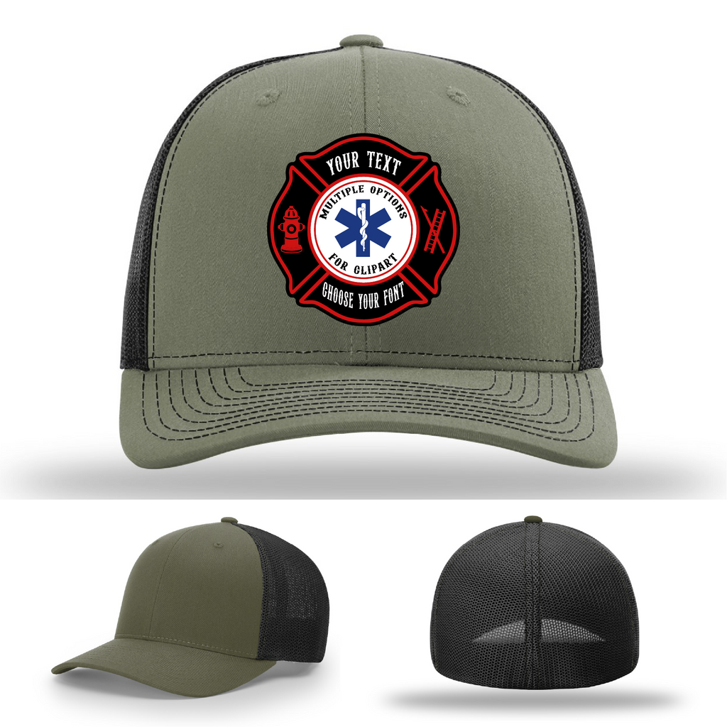 Firefighter hat example showing Maltese Cross patch