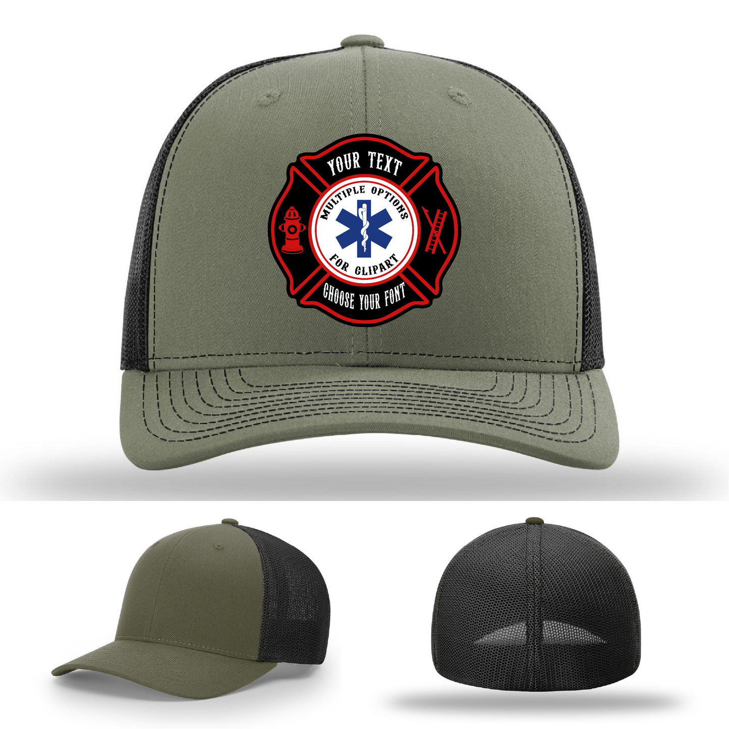 Firefighter hat example showing Maltese Cross patch