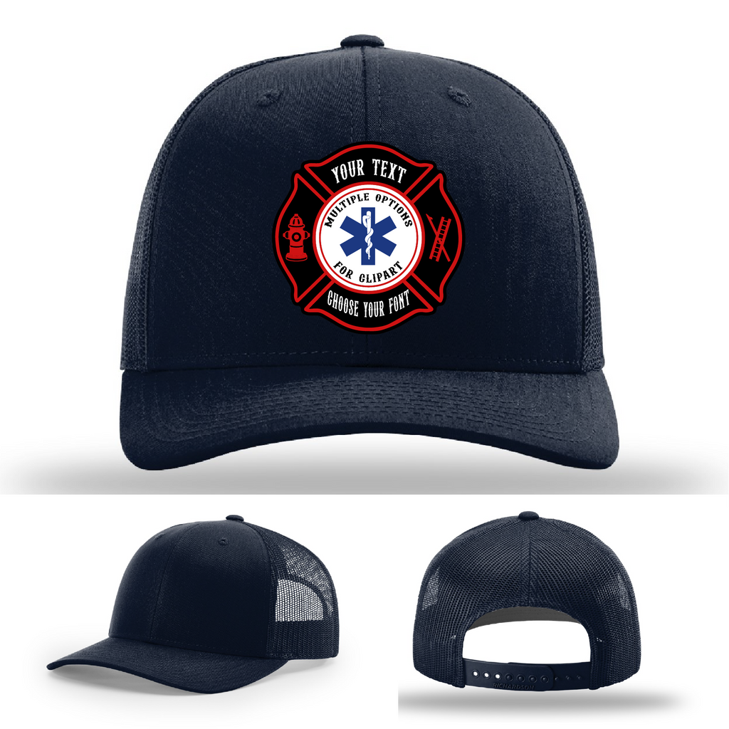 Custom firefighter hat with Maltese Cross patch shown