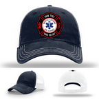 Firefighter hat displayed with Maltese Cross patch example