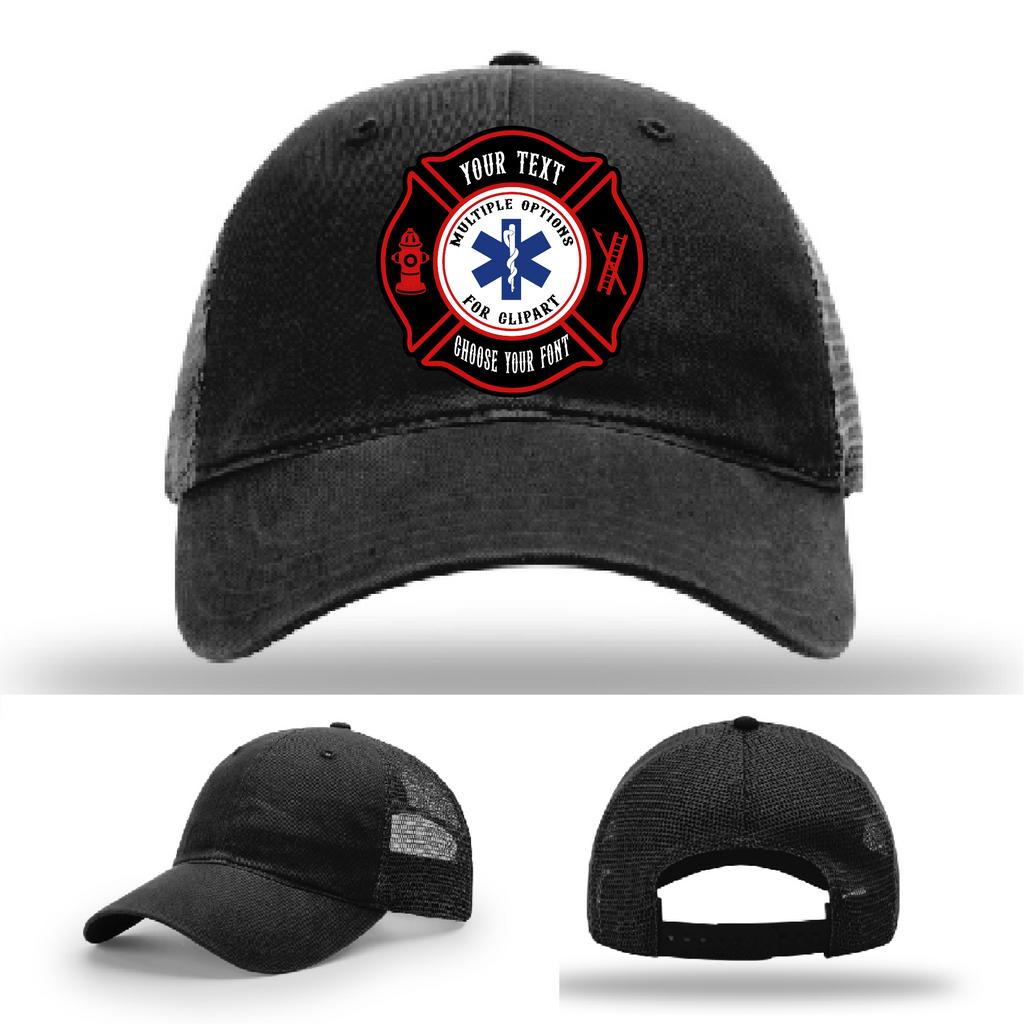 Firefighter hat displayed with one Maltese Cross patch example