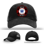 Firefighter hat displayed with one Maltese Cross patch example