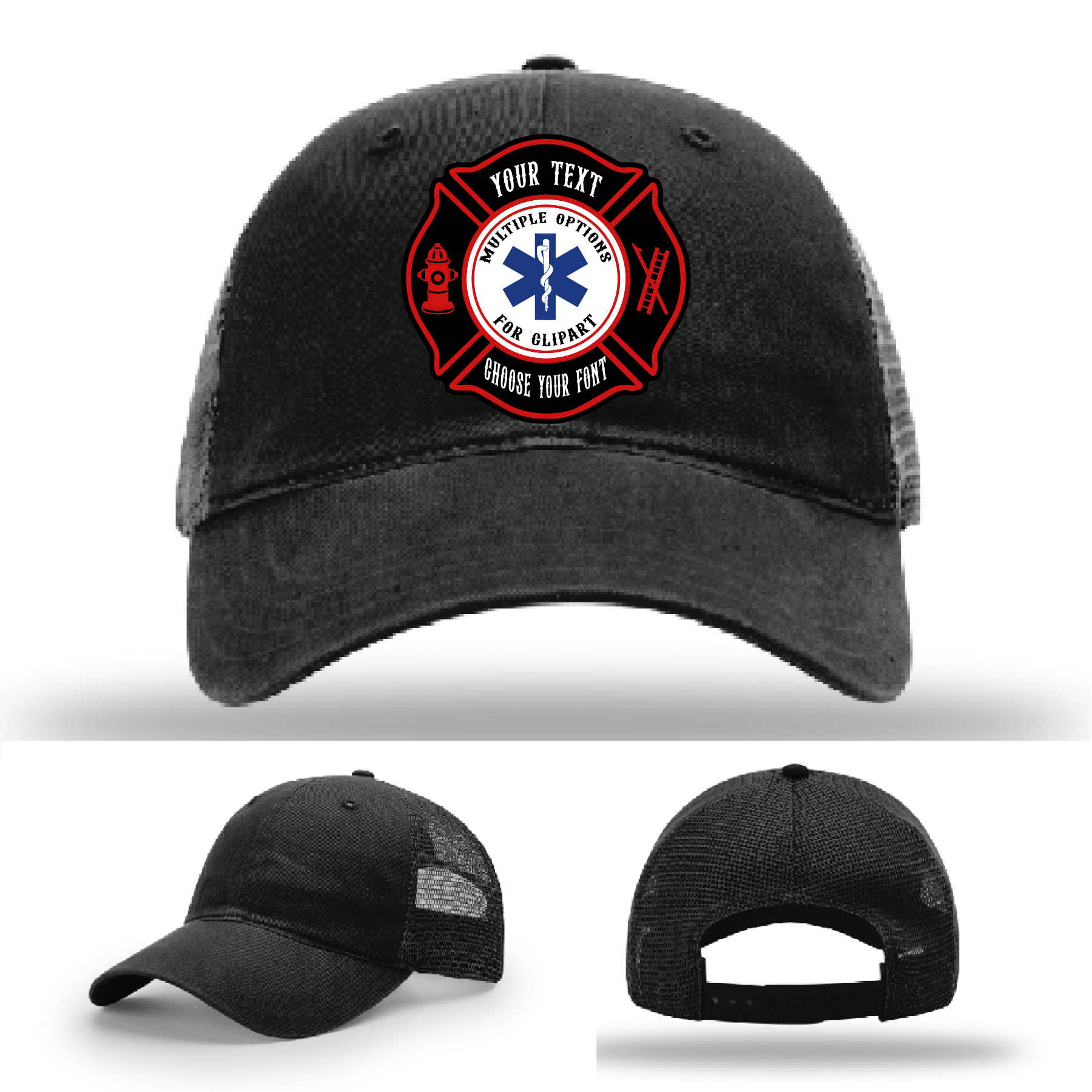 Firefighter hat displayed with one Maltese Cross patch example