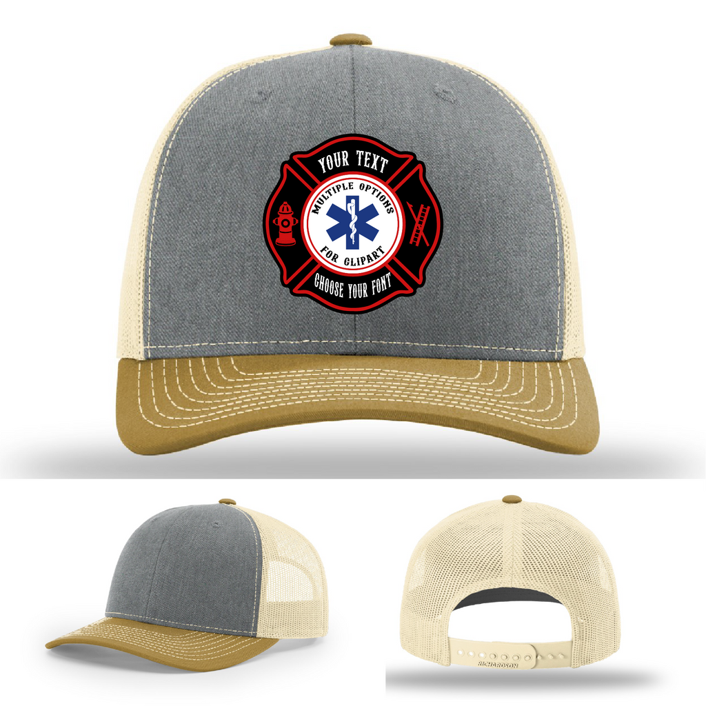 Firefighter hat displayed with Maltese Cross patch sample