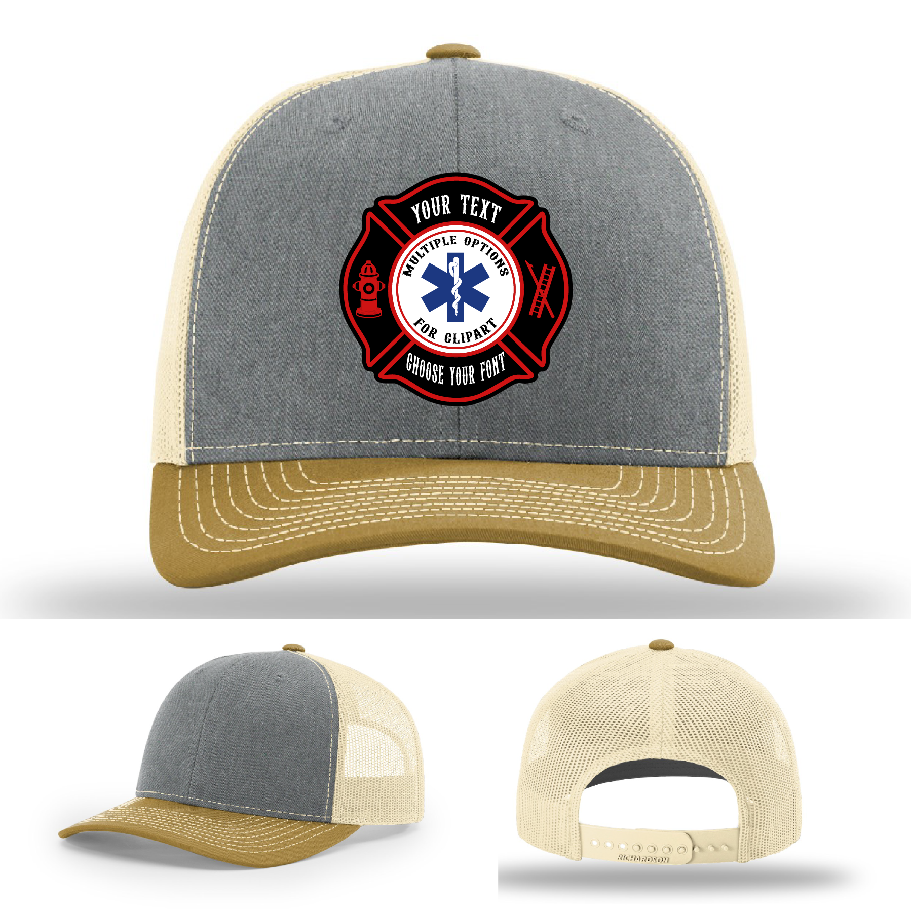 Firefighter hat displayed with Maltese Cross patch sample