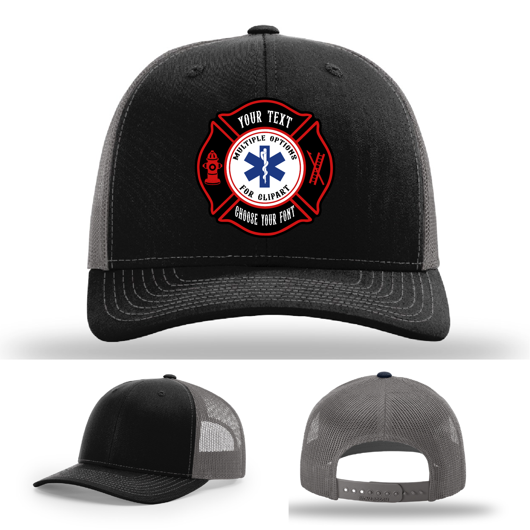 Custom firefighter hat with Maltese Cross example patch