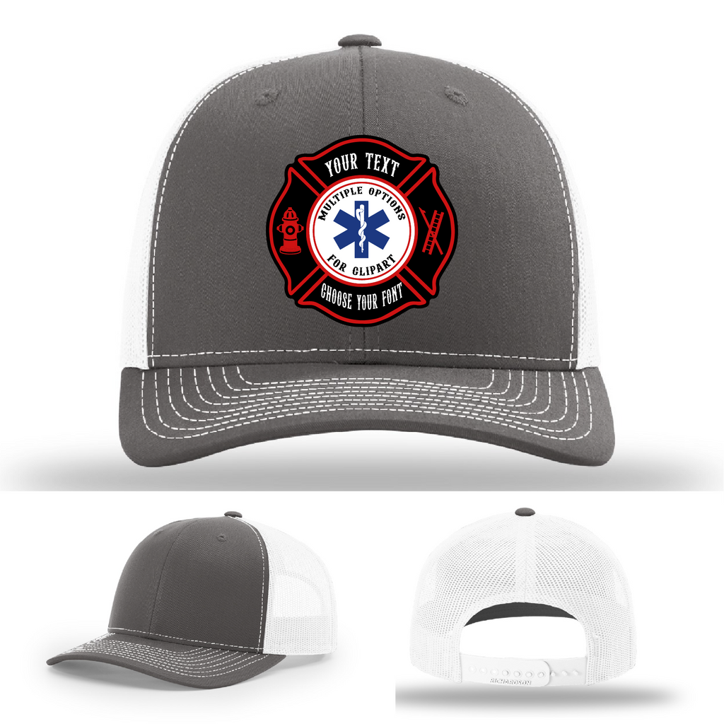 Firefighter hat showing sample Maltese Cross patch