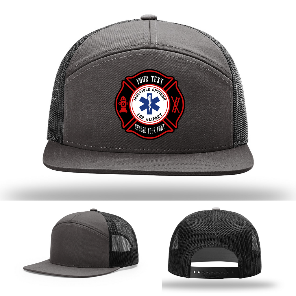 Custom firefighter hat with one Maltese Cross patch