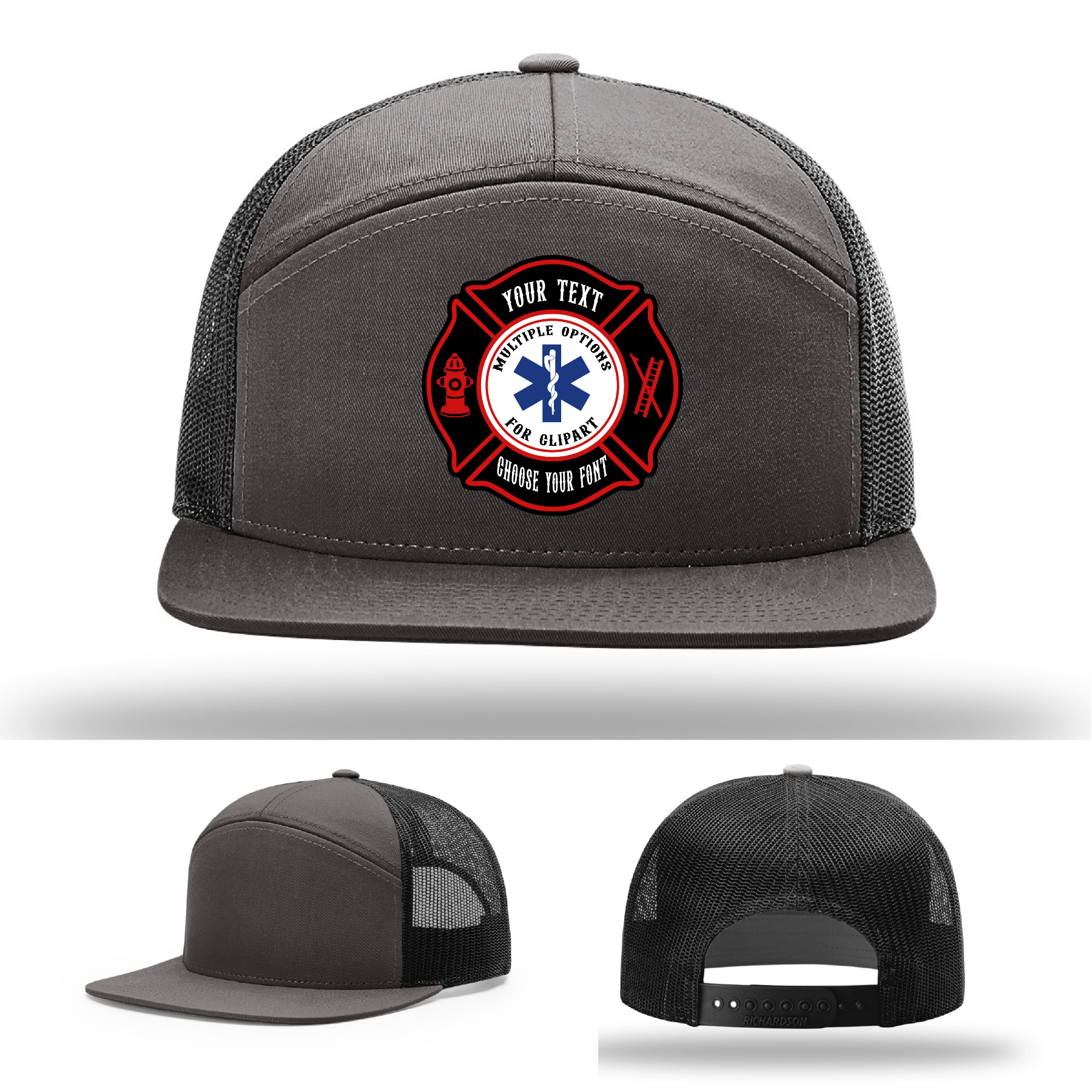 Custom firefighter hat with one Maltese Cross patch