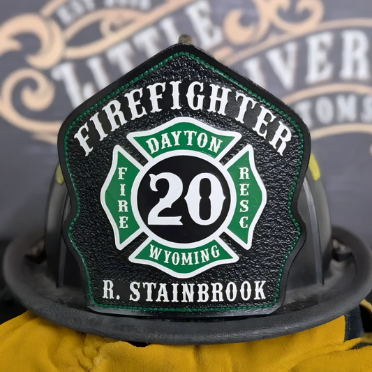 Custom Maltese leather firefighter helmet shield built for fire service tradition and pride