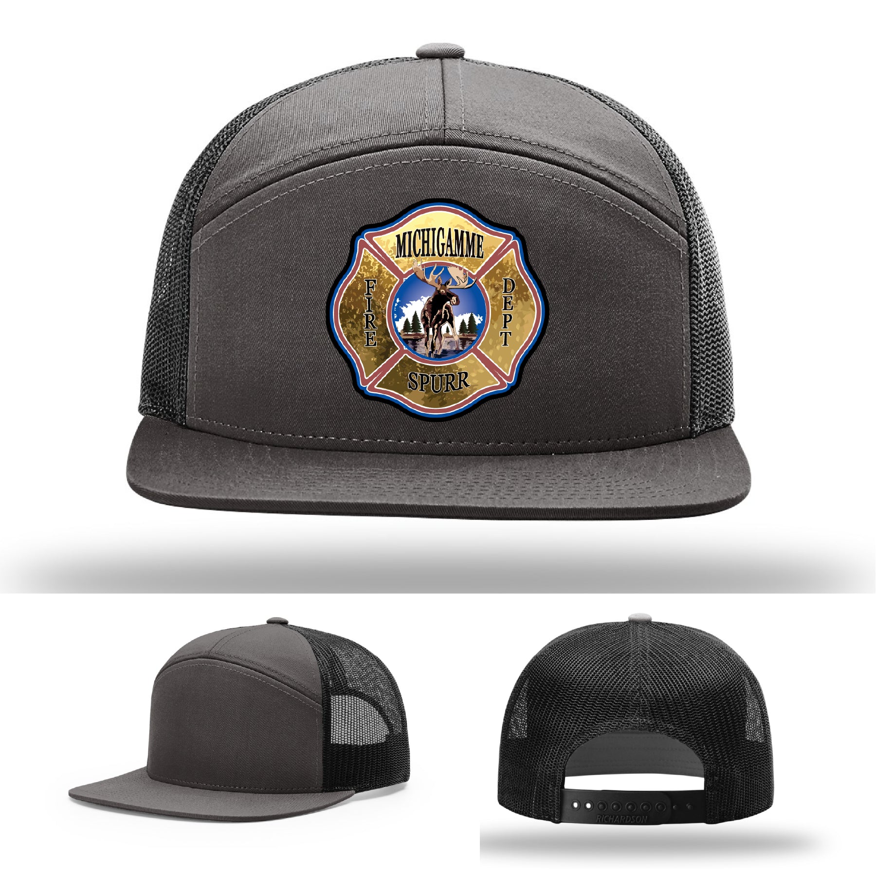 Firefighter hat showing Michigamme Spurr FD pride with durable leather patch