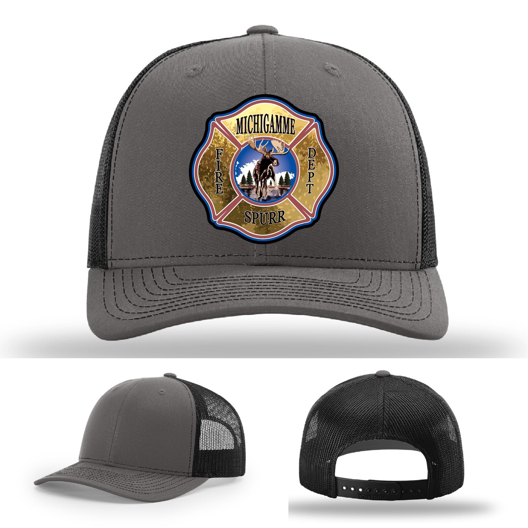 Custom fire department hat featuring Michigamme Spurr leather patch for firefighters