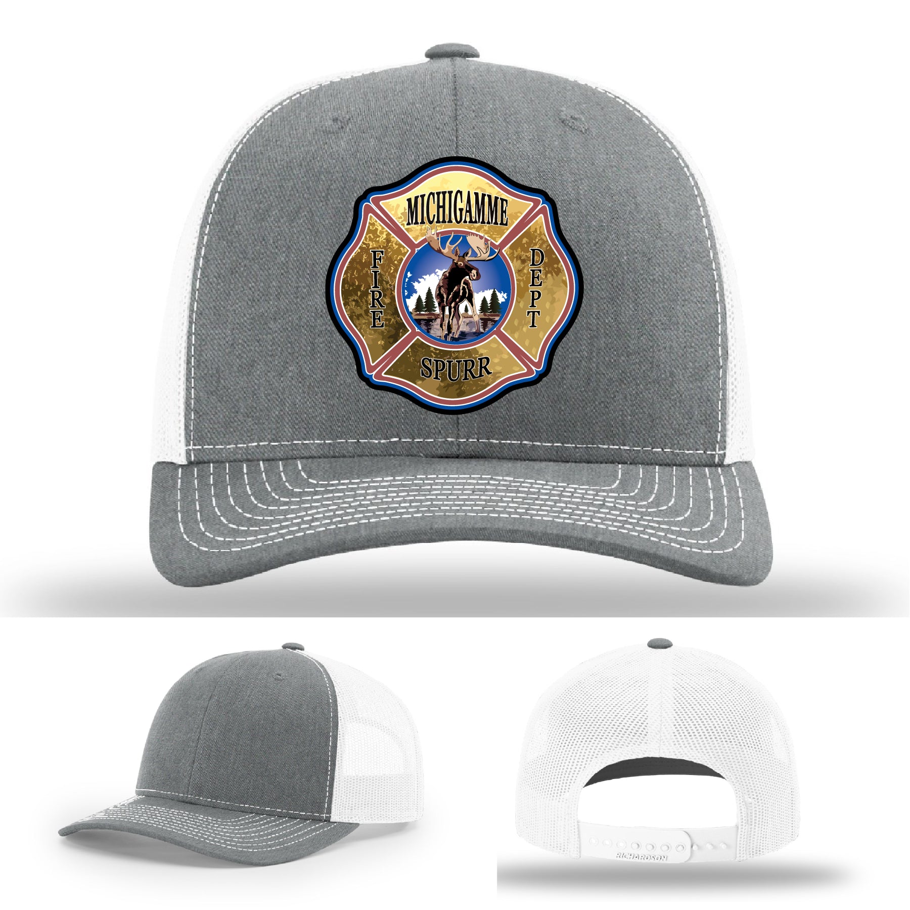 Michigamme Spurr Fire Department hat with custom leather patch and bold detailing