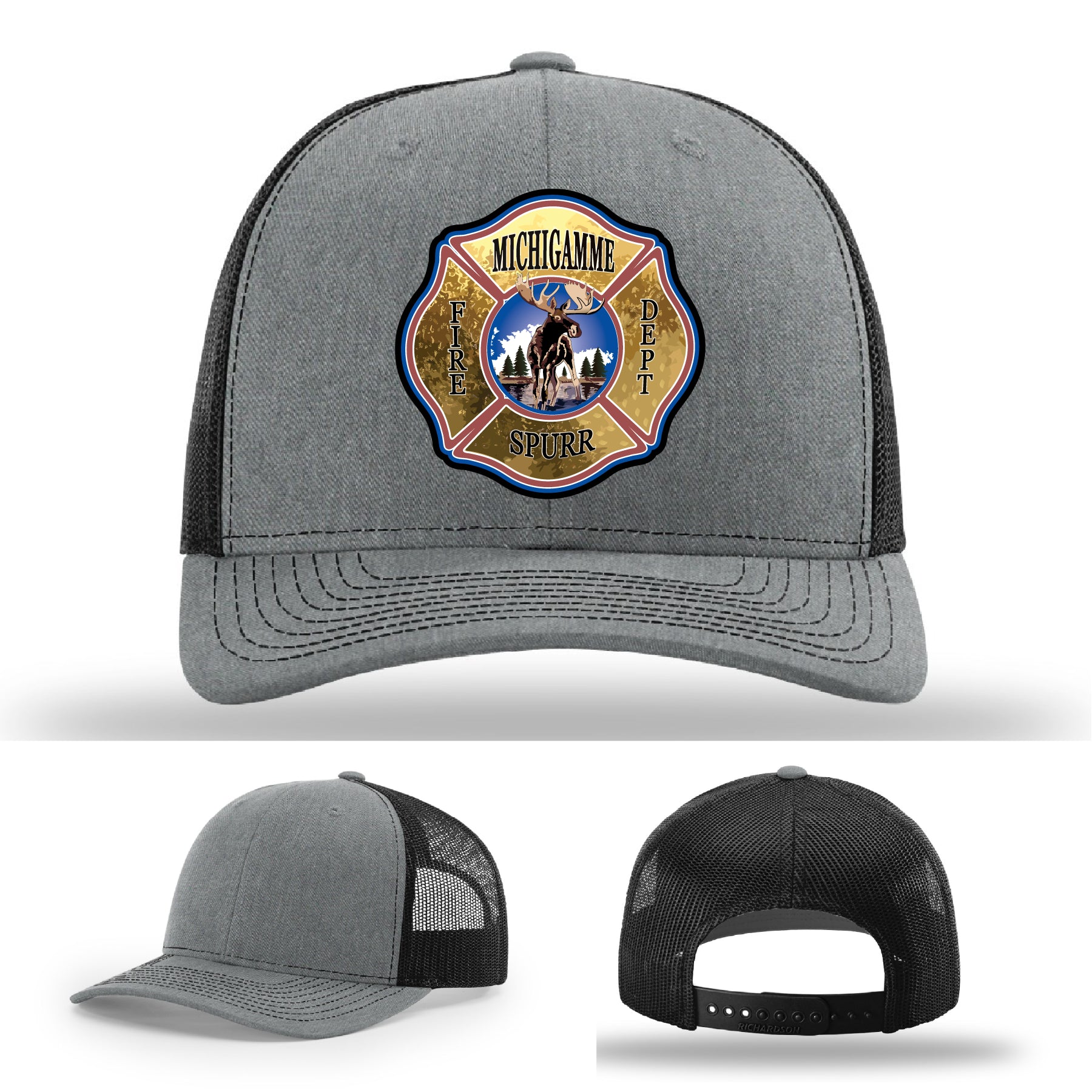 Firehouse tough firefighter hat featuring Michigamme Spurr leather patch front