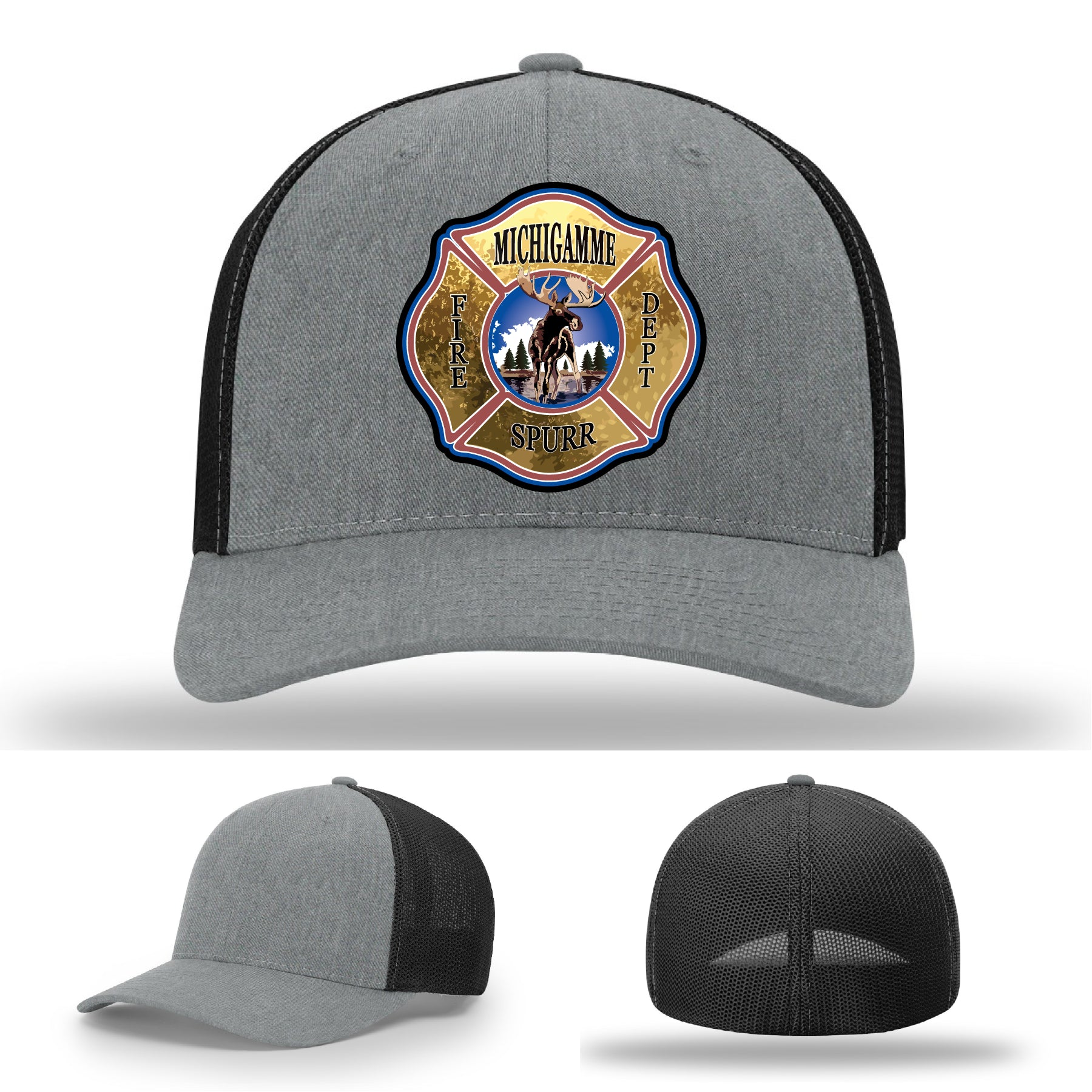 Michigamme Spurr firefighter hat with station logo on custom leather patch