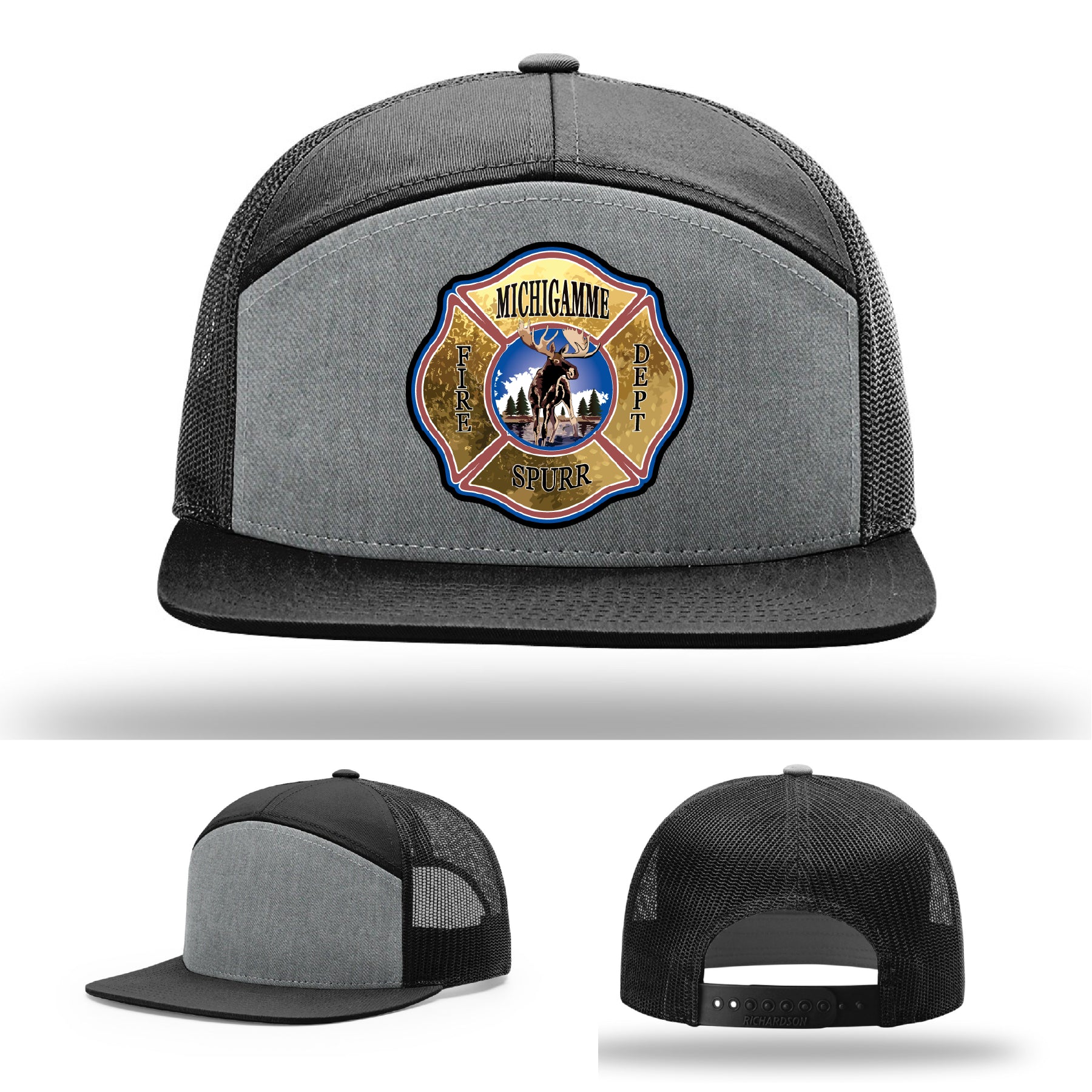 Premium firefighter hat with Michigamme Spurr Fire Department leather patch