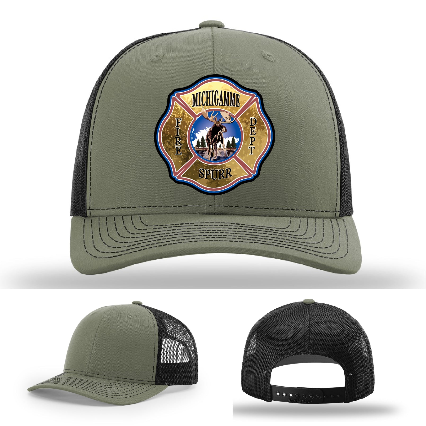 Michigamme Spurr firefighter pride hat with custom engraved leather patch