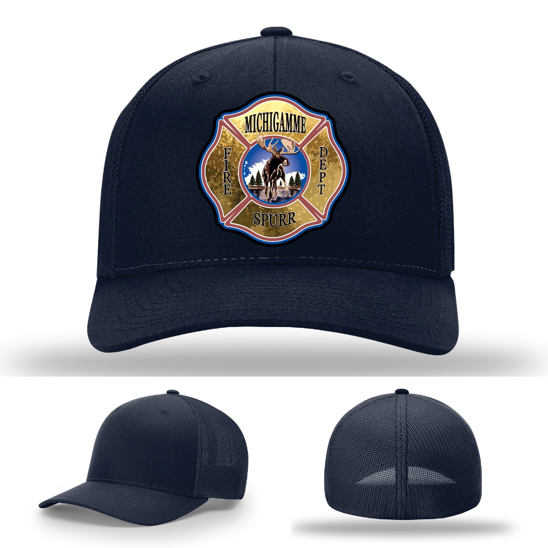 Firefighter hat showing Michigamme Spurr pride with custom leather patch logo