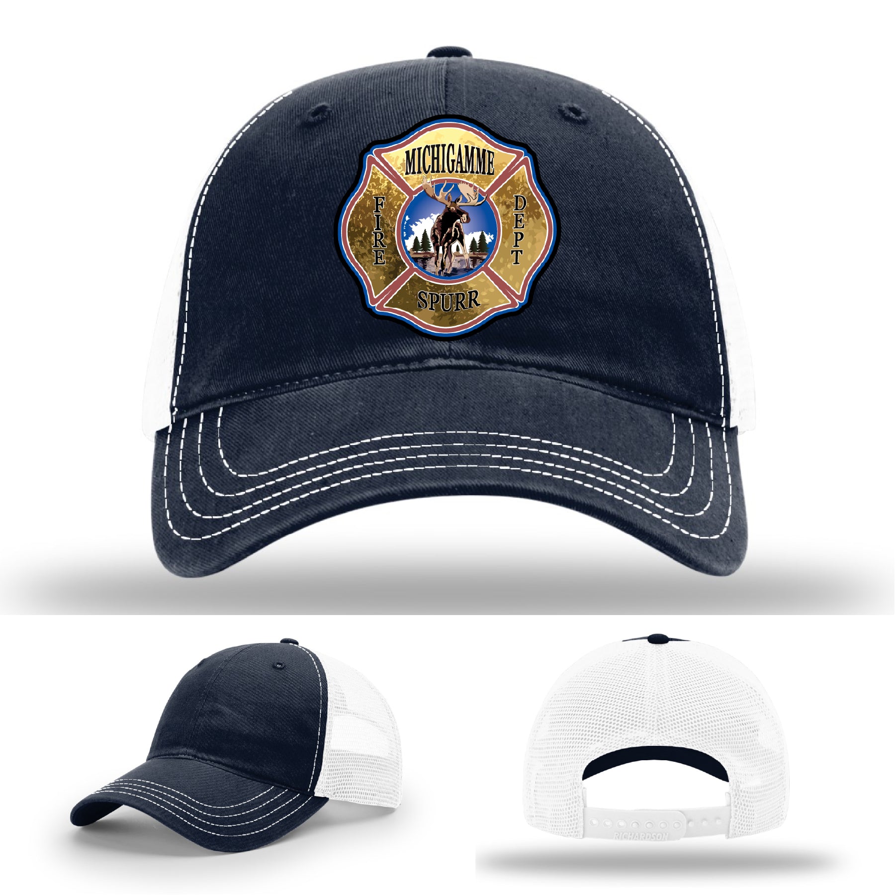 Custom firefighter hat for Michigamme Spurr department with leather patch