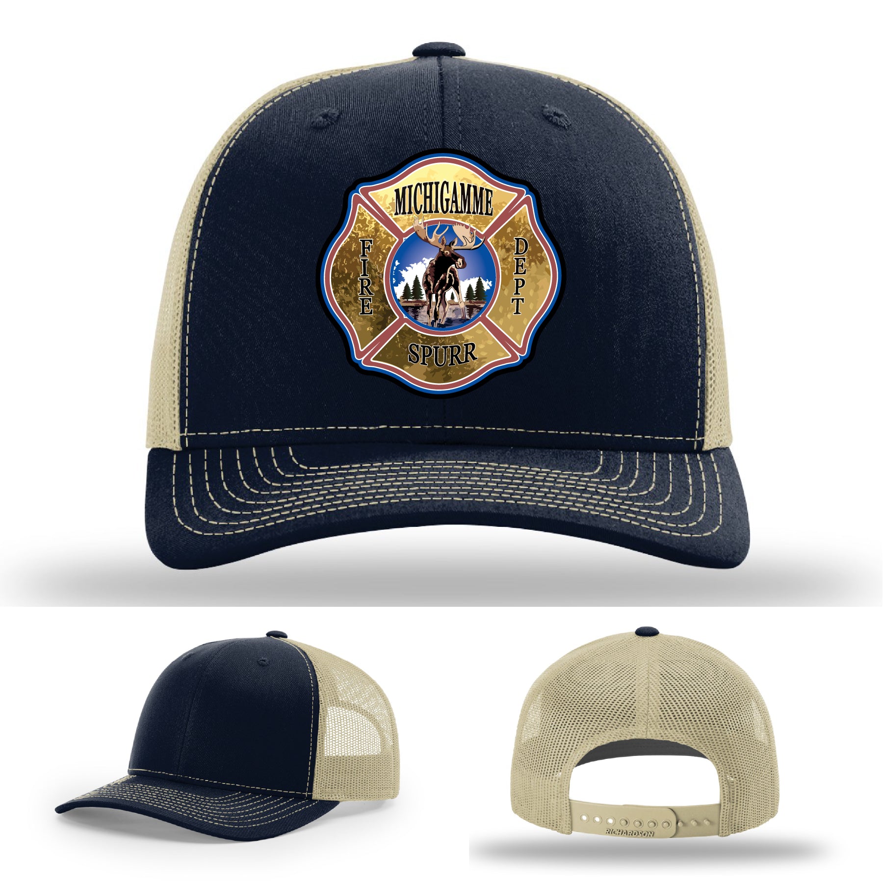 Station pride firefighter hat featuring Michigamme Spurr FD leather patch