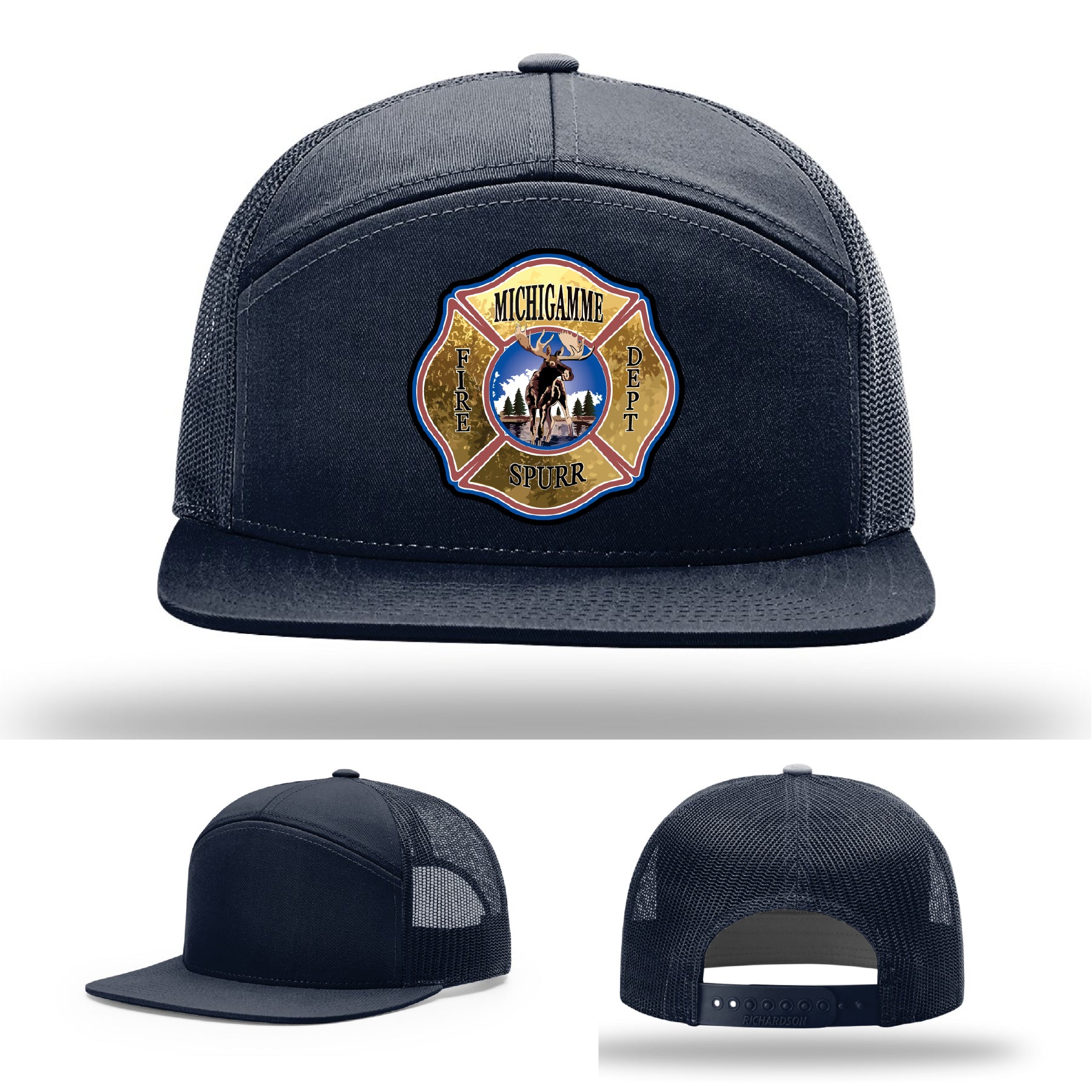Custom leather patch firefighter hat with Michigamme Spurr Fire Department design