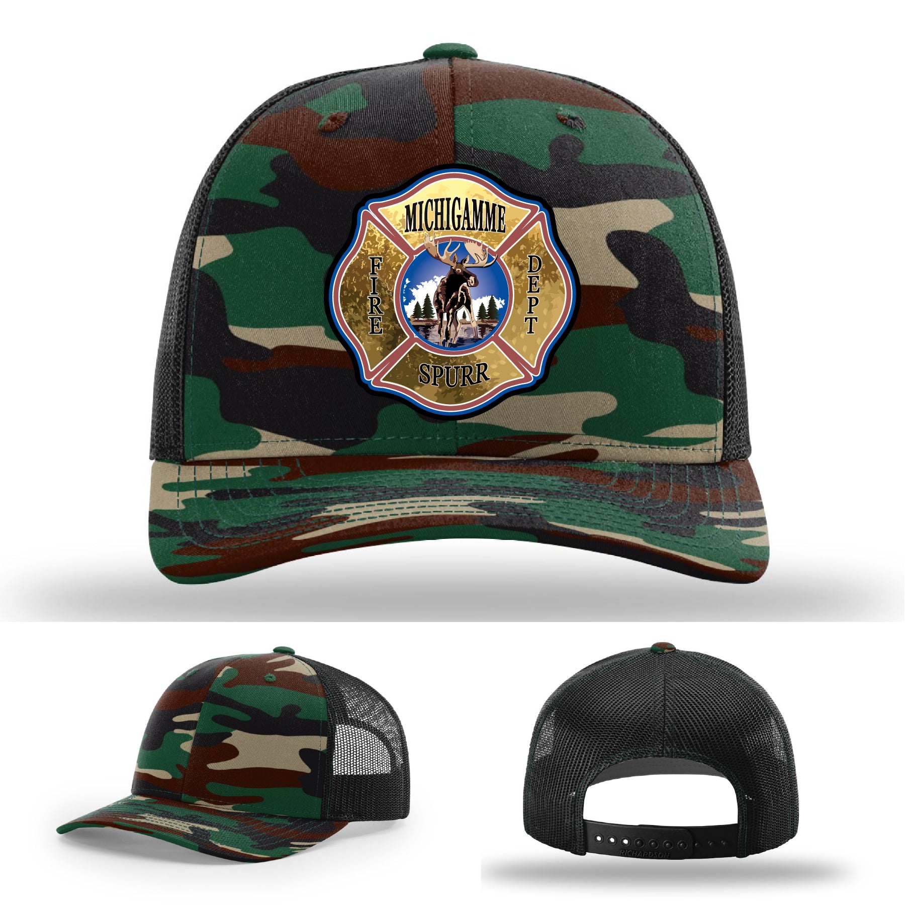 Firehouse gear hat featuring Michigamme Spurr Fire Department leather patch