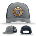 Michigamme Spurr firefighter hat showing department pride with leather patch