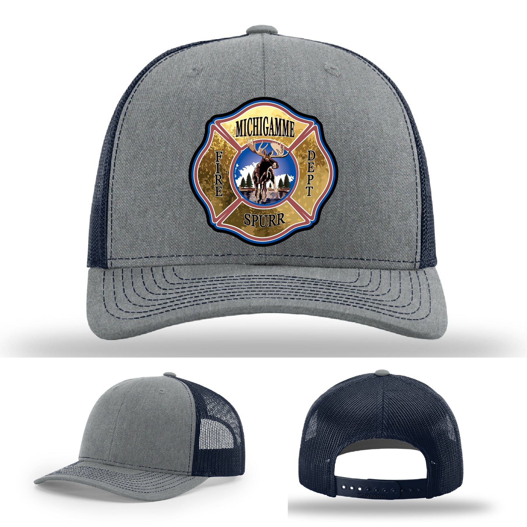 Michigamme Spurr firefighter hat showing department pride with leather patch