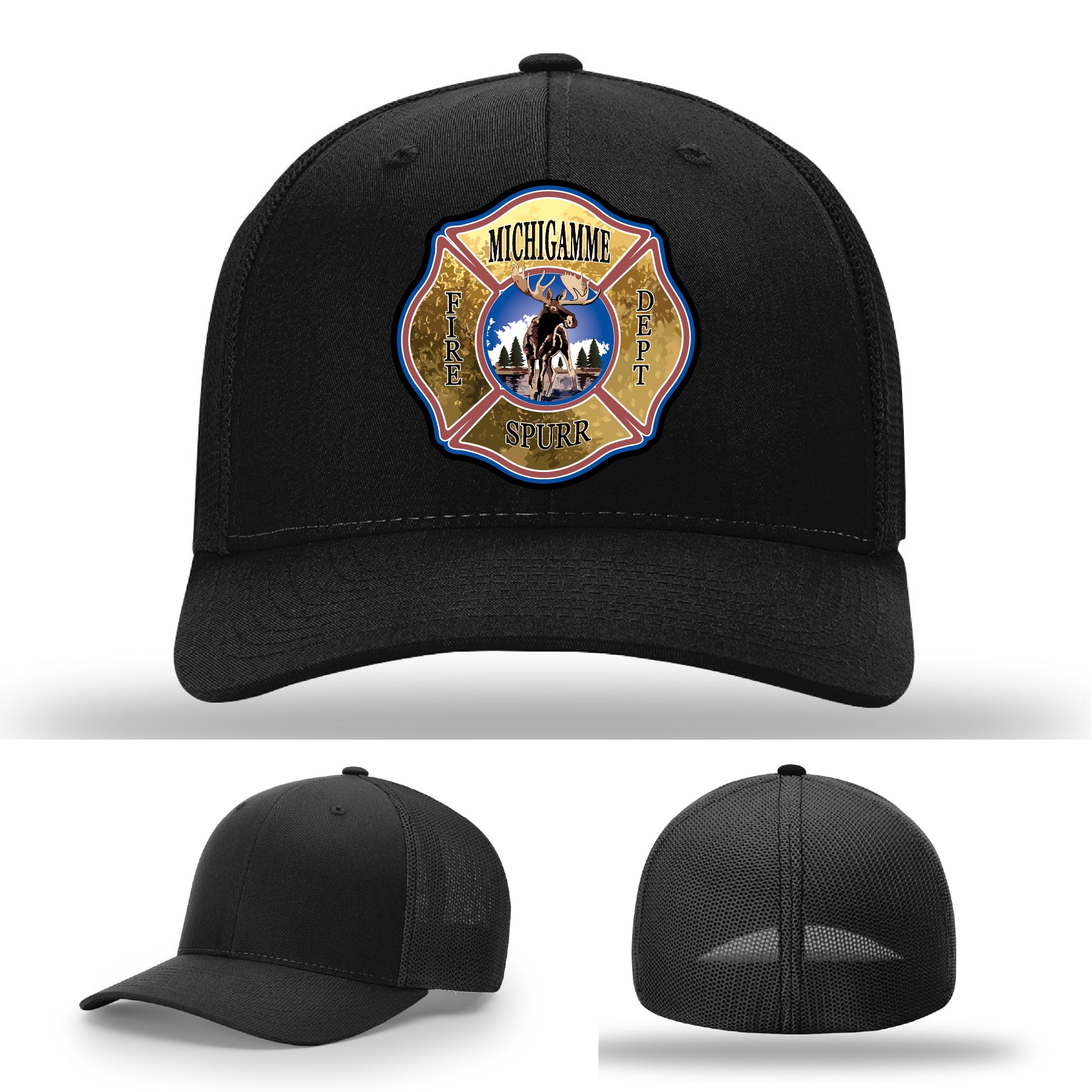 Michigamme Spurr FD firefighter hat with durable full grain leather patch front