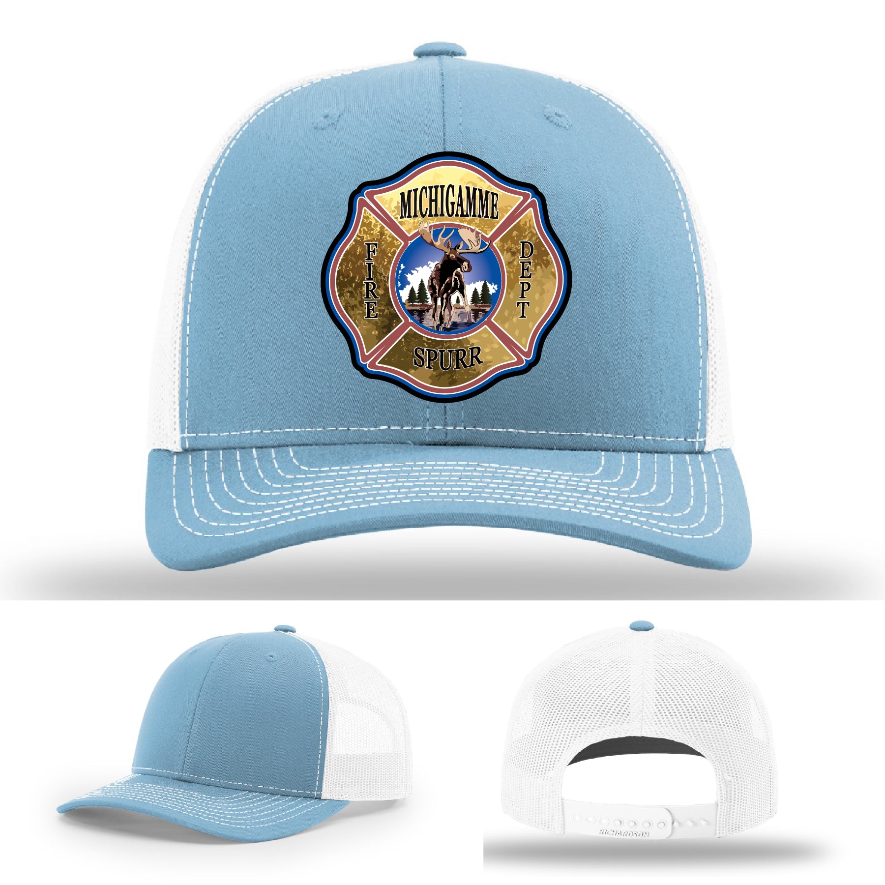 Firehouse hat with Michigamme Spurr custom leather patch front