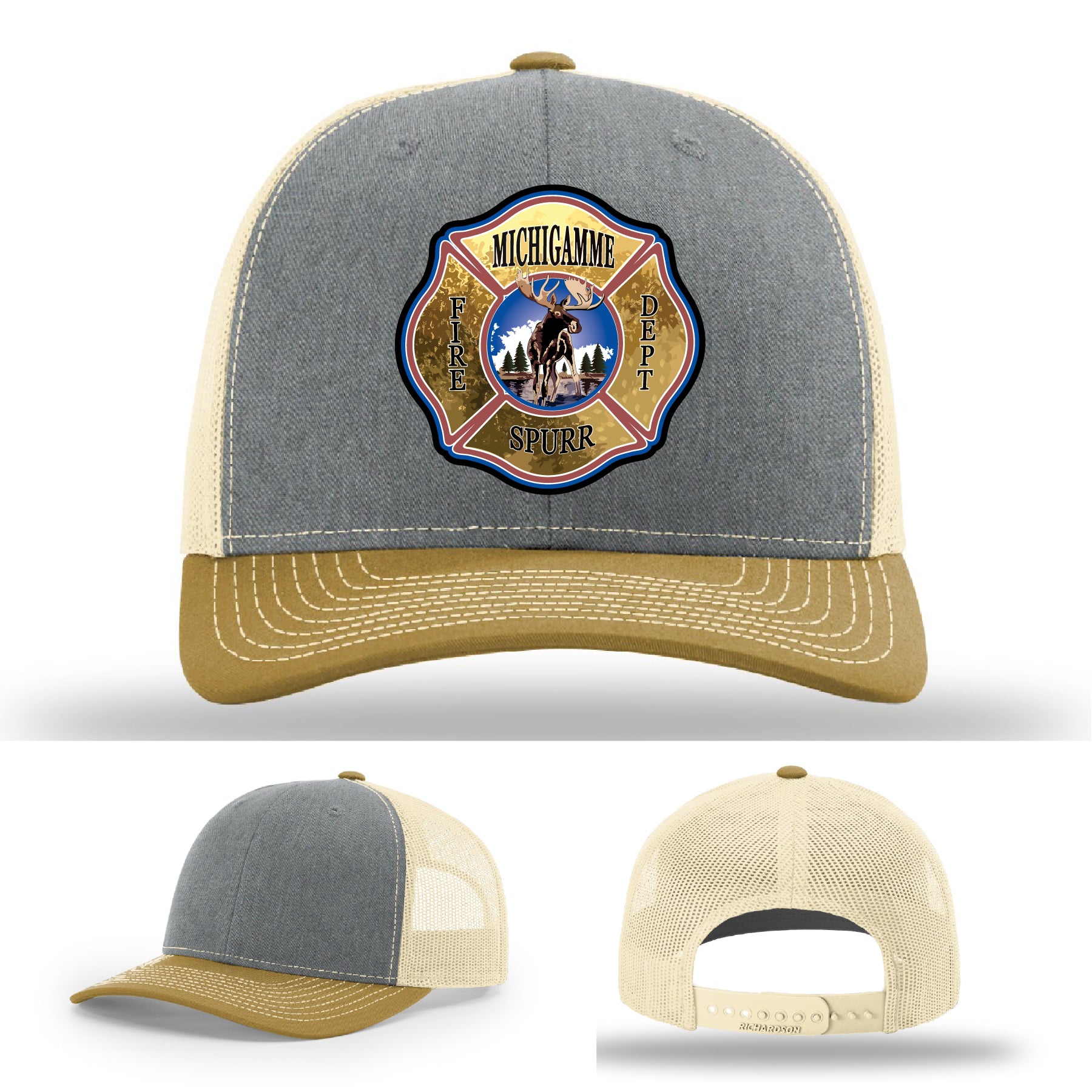 Station identity firefighter hat featuring Michigamme Spurr FD leather patch