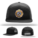 Custom firefighter hat featuring Michigamme Spurr department logo on leather patch