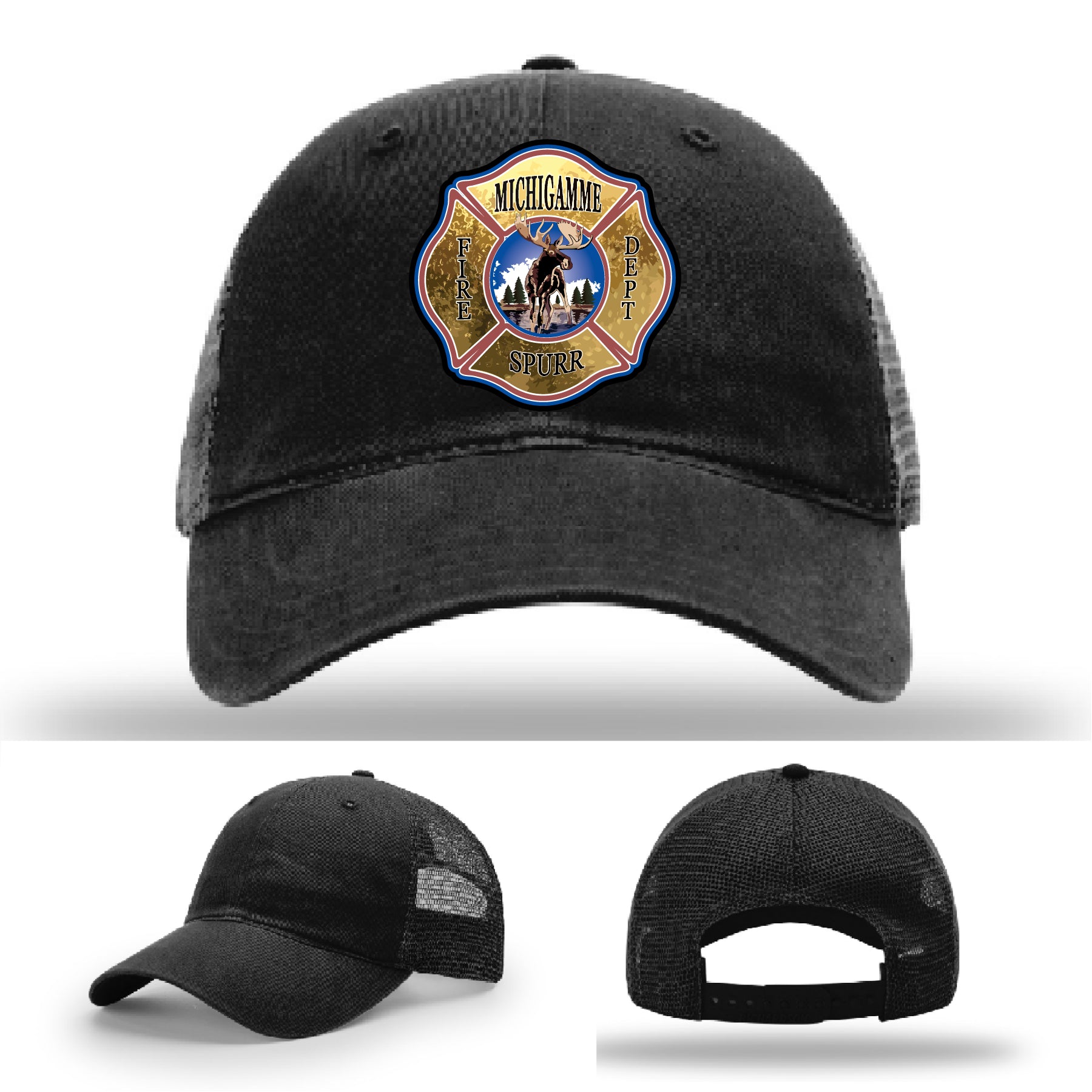 Richardson firefighter hat with Michigamme Spurr leather patch design for firefighters