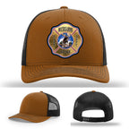 Leather patch firefighter hat representing Michigamme Spurr Fire Department tradition