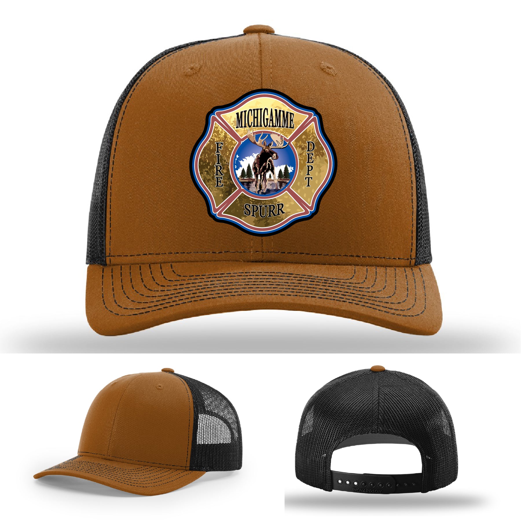 Leather patch firefighter hat representing Michigamme Spurr Fire Department tradition