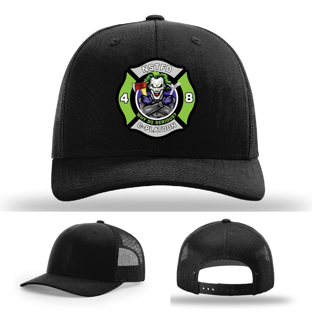 Custom North Strabane firefighter hat with leather patch design
